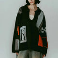 Gray Jacquard Knit Pullover Artistic Pattern Plush Trim Deep V Neck Loose Fit Acrylic Nylon Blend Daily Casual Wear Women