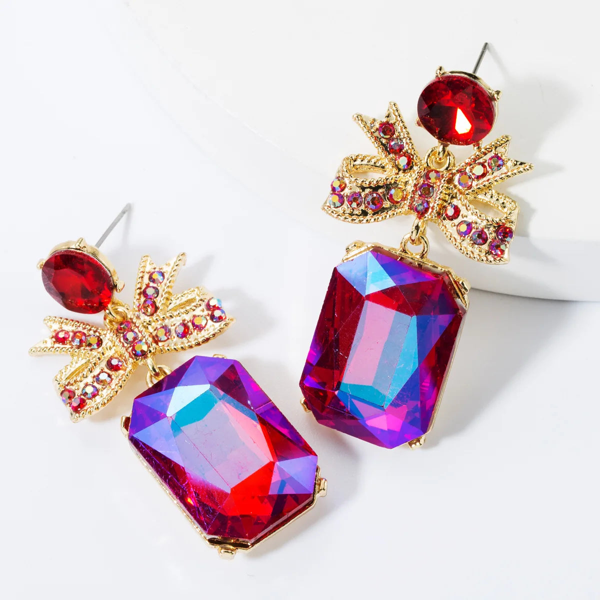 HOVANCI European and American Exaggeration Glass Crystal Earrings for Women 6 Bow Square Super Flash Drop Rhinestone Earring
