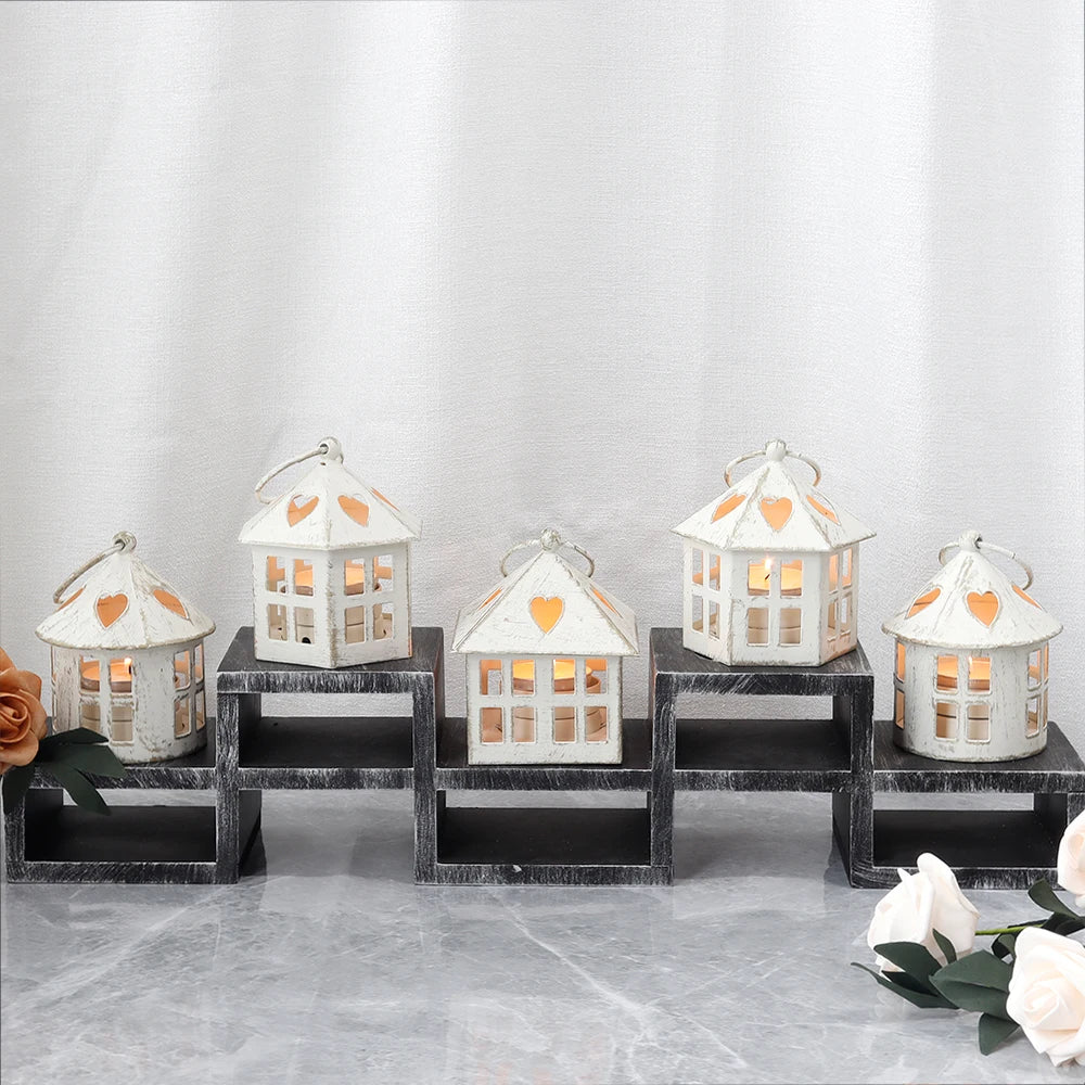 Retro Small House Model Metal White Mini Candle Holder Multiple Shapes Hanging Candle Lantern for Indoor or Garden Decor