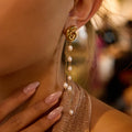 MC324 Wholesale 18K Gold Plated Stainless Steel Pearl Earring Long Tassel Pendant Stud Women Fashion Jewelry Dangle Earrings