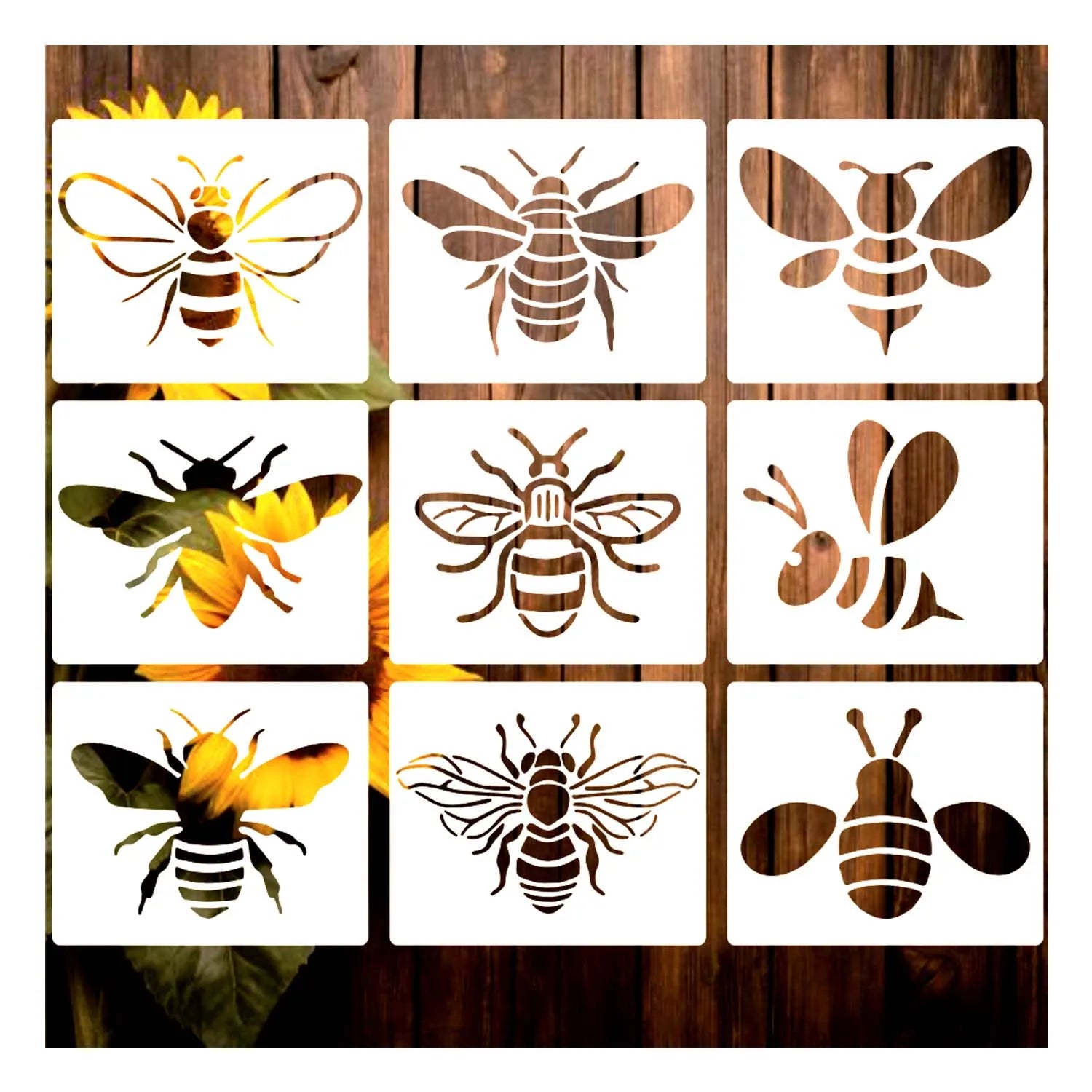9 Pcs 5x6 Inch Different Designs Bee Stencil Set - Reusable Bee Template for Painting on Wood