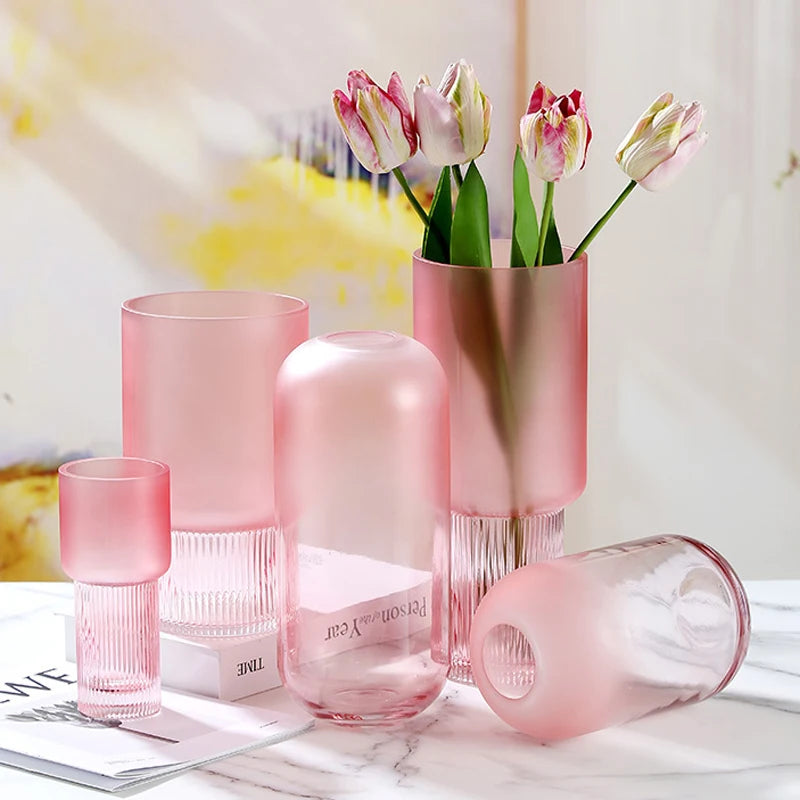 Modern Luxury Home Decoration Tabletop Hydroponic Flower Arrangement Gradient Pink Cylinder Oval Shape Frosted Art Glass Vase
