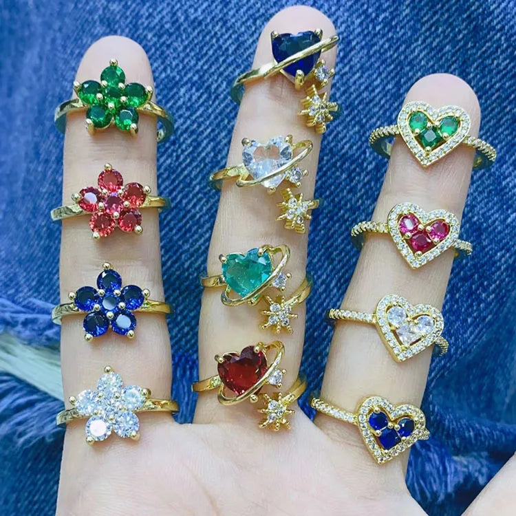 RM1472 Hot Sale 2023 18K Gold Plated CZ Diamond Birthstone Heart Satellite and Star Flower Floral Rings for Women