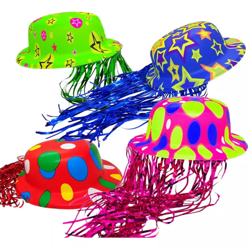 Metallic Colors Party Plastic Derby Bowler Printed Top Hat with Hair Neon Bowler Hats with Batucada Wig for Party Wedding
