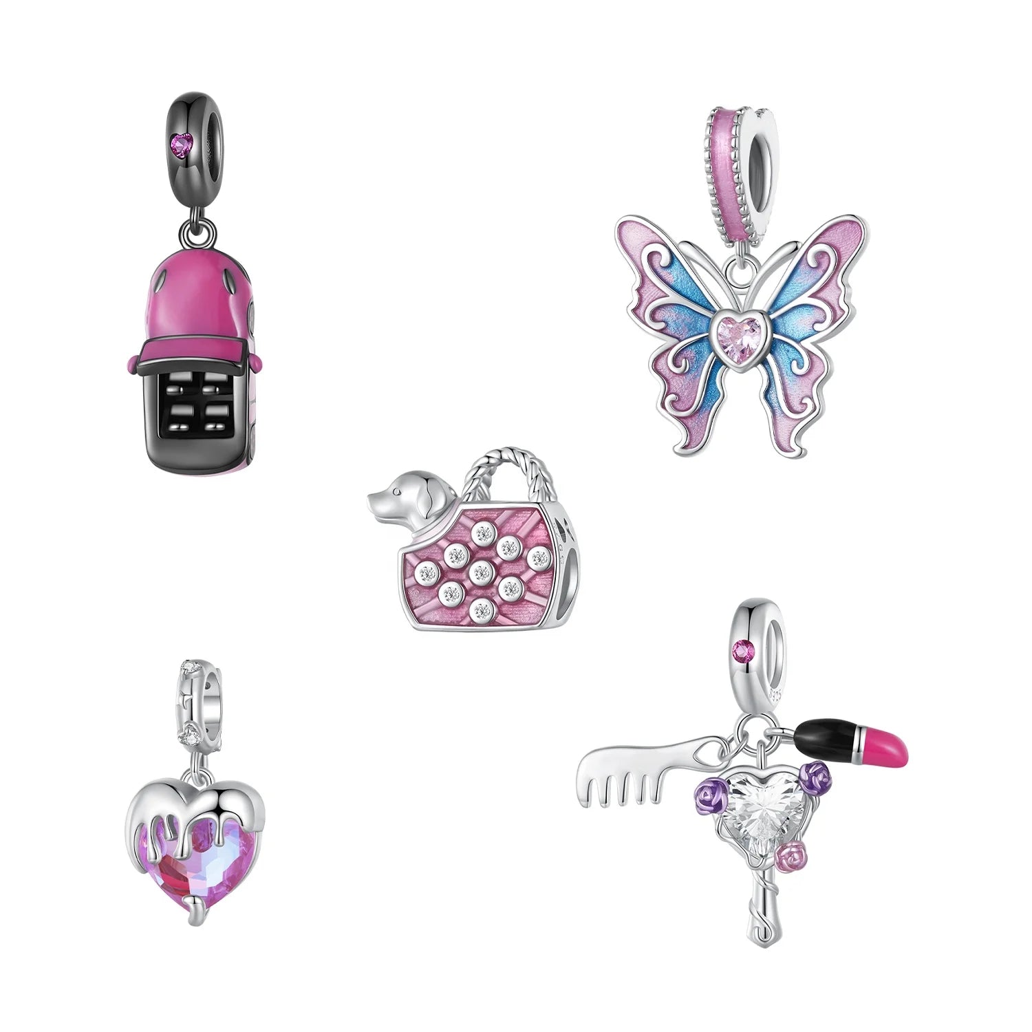 925 Sterling Silver Pink Lady Series Butterfly Hanging Bead Melting Heart Pendant Charm for Women Bracelet & Necklace DIY