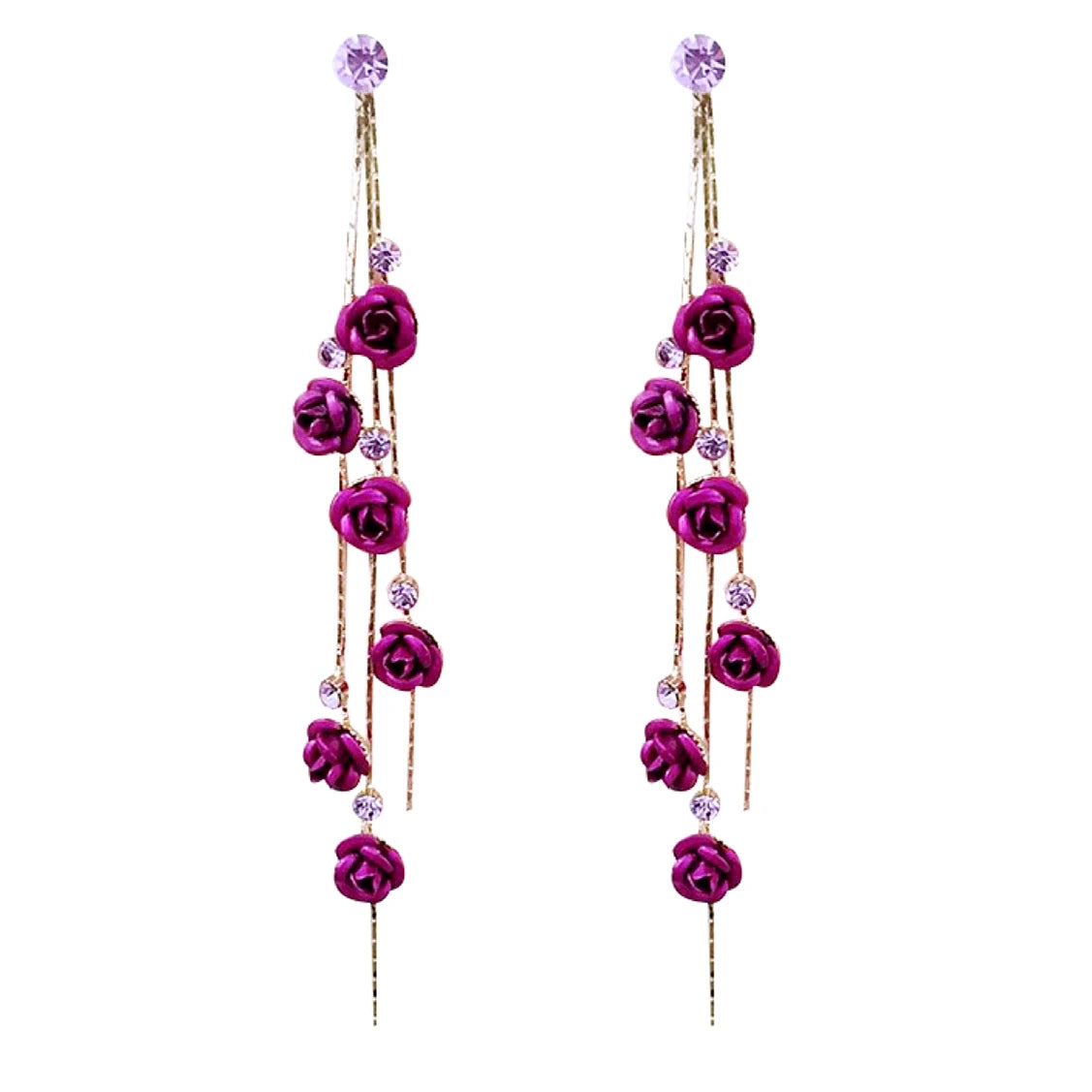 Creative Ethnic Style Earrings Elegant Long Tassel Rhinestone Earrings Beautiful Flower Rose Earrings for Women Girls