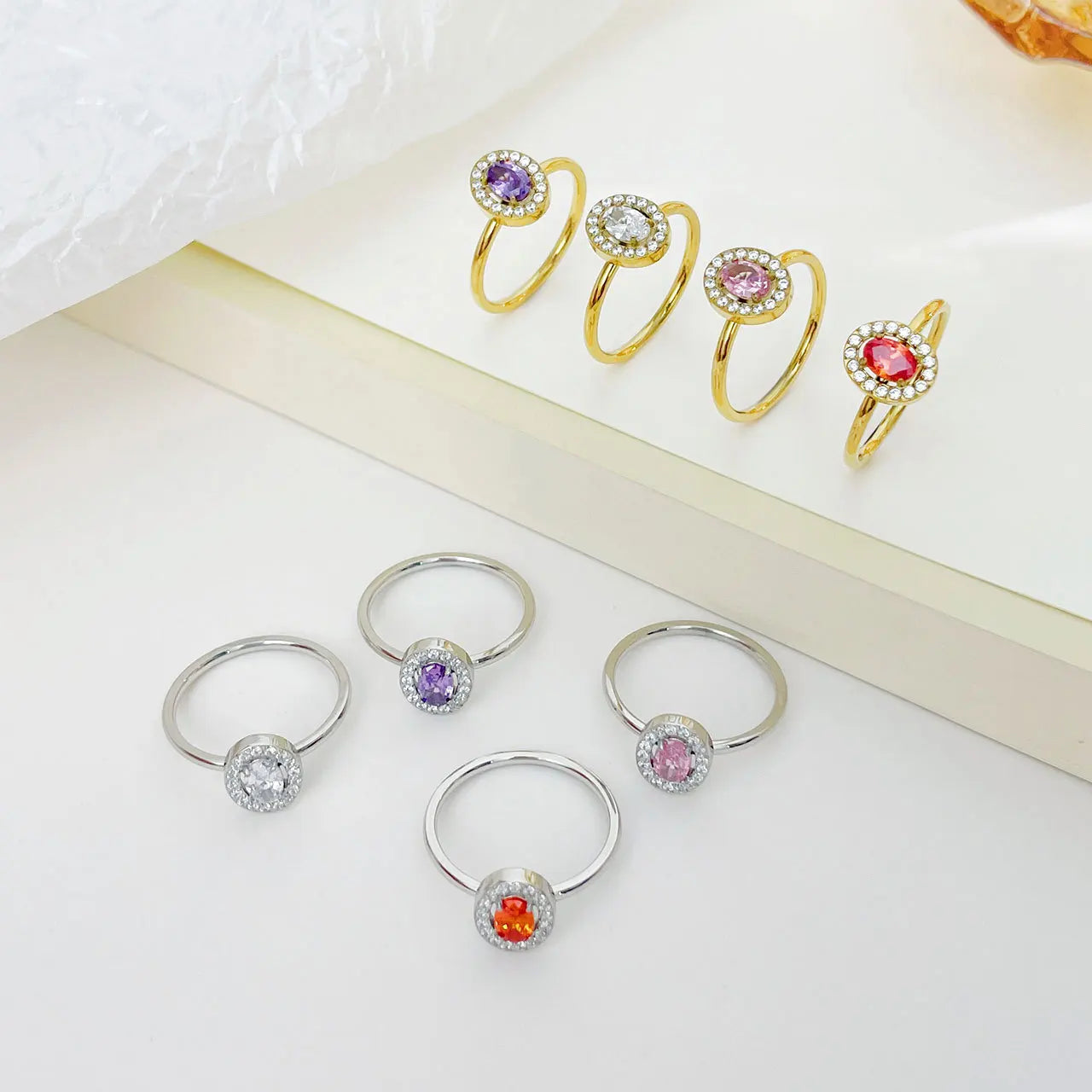 Luxury Stainless Steel Elliptical Zircon Ring for Women Vintage 18k Gold Plating Ring Non Fading Waterproof Christmas Gift