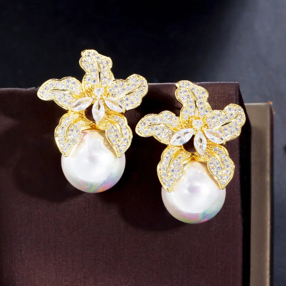 Blooming Fashion Alloy 18k Gold Plated Cubic Zircon Big Round Flower Drop Earrings with Pearl Women Wedding Costume CZ Jewelry
