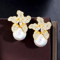 Blooming Fashion Alloy 18k Gold Plated Cubic Zircon Big Round Flower Drop Earrings with Pearl Women Wedding Costume CZ Jewelry