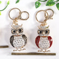 2023 New Arrivals Black Red Enamel Owl Key Fob Bag Accessory Rhinestone Glasses Owl Keychain for Gift