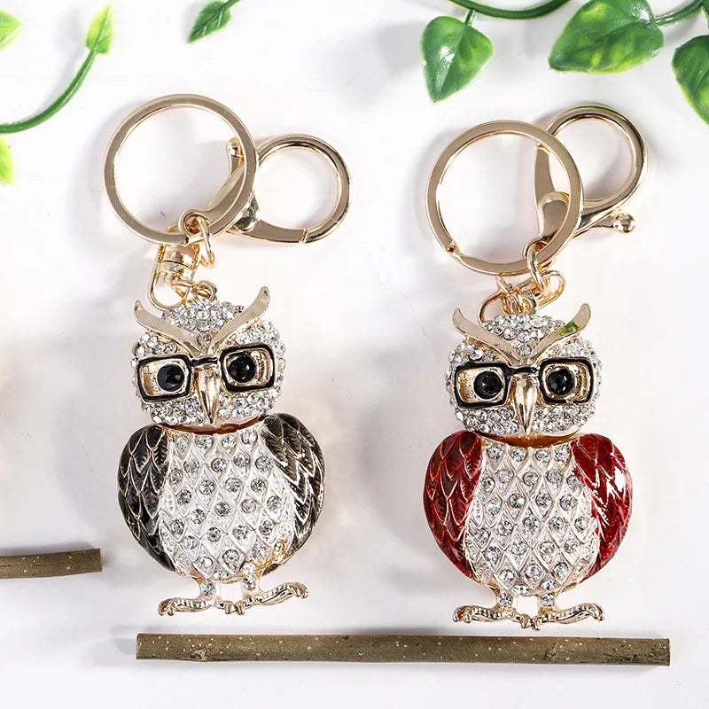 2023 New Arrivals Black Red Enamel Owl Key Fob Bag Accessory Rhinestone Glasses Owl Keychain for Gift