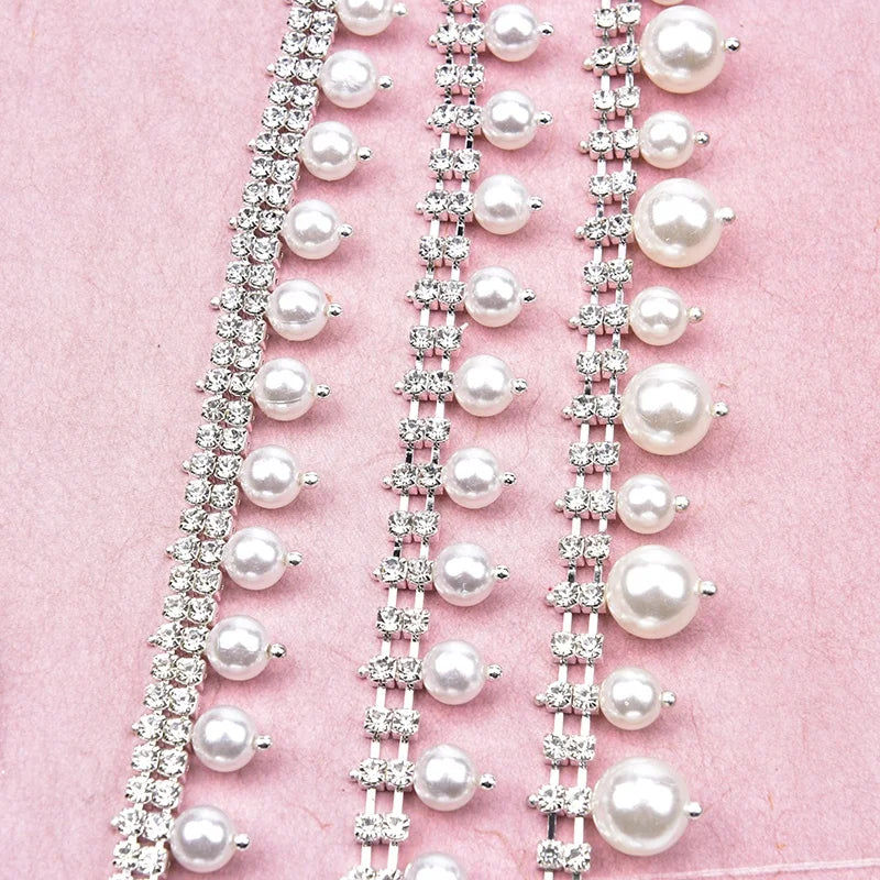 2 Rows Diamond Pearl Chain Tassel Pendant Rhinestone Ribbon Crystal Bridal Dress Trim Sew on Garment Collar Shoes Accessories
