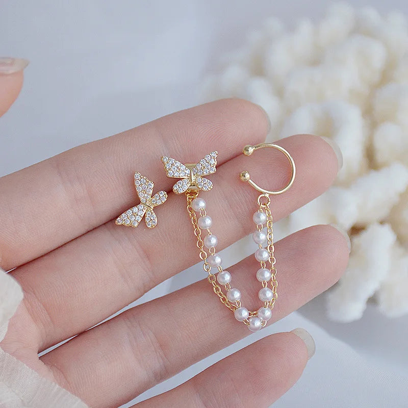 Trendy Pearl Chain Rear Hanging Ear Bone Clip Butterfly Earrings Jewelry Rhinestone Butterfly Tassel Ear Cuff Earrings Women