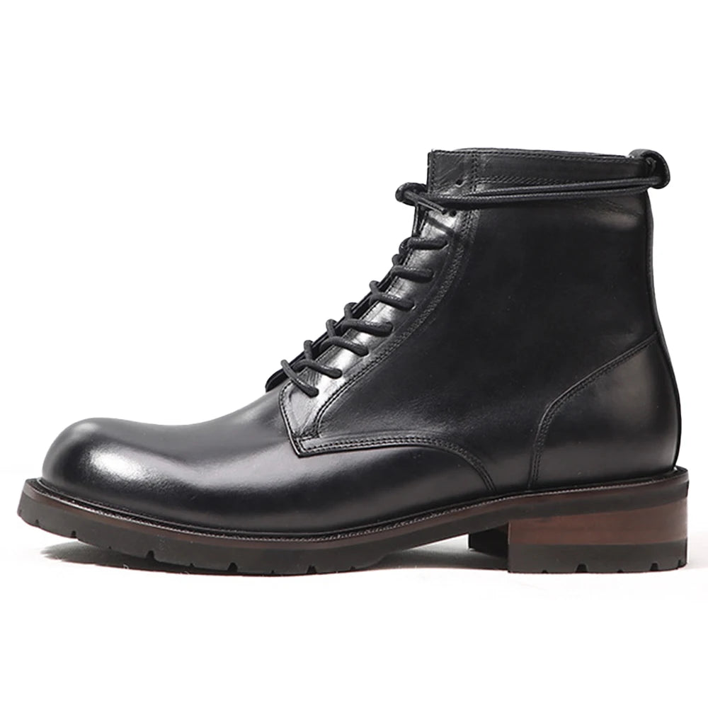 Vintage Autumn and Winter Black Motorcycle Leather Boots Custom Men's Logo Genuine Leather Formal Lace up Boots