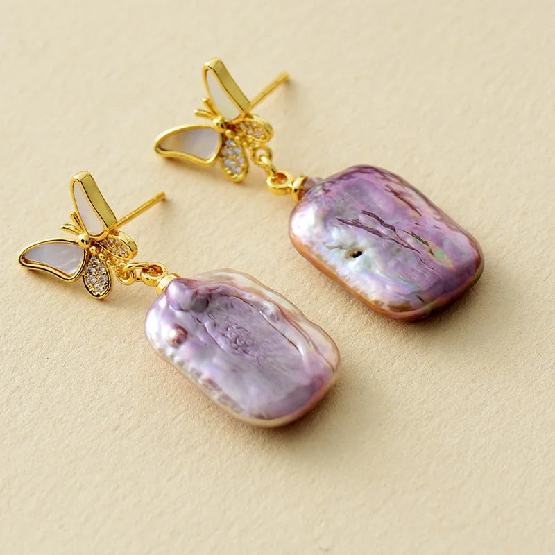 Large Baroque Pearl Zircon Butterfly Stud Earrings Cute Hypoallergenic Brass Gemstone Wedding Bride Jewelry Princess Cut Parties