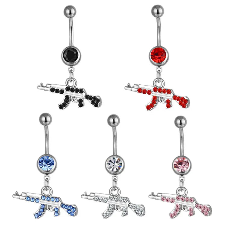 SC Personalized Gun Dangle Belly Rings Sexy Body Piercing Jewelry 316L Stainless Steel Zircon Crystal Gun Belly Ring for Women