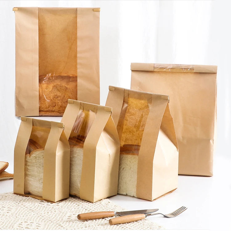 2024 Wholesale Custom Biodegradable Food Grade Paper Bag Print Bakery Bread Loaf Packaging Kraft Paper Bag with Window