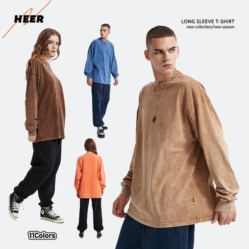 Retro Heavyweight Long Sleeve T Shirt Custom 100% Cotton Drop Shoulder Blank Men's T-shirts