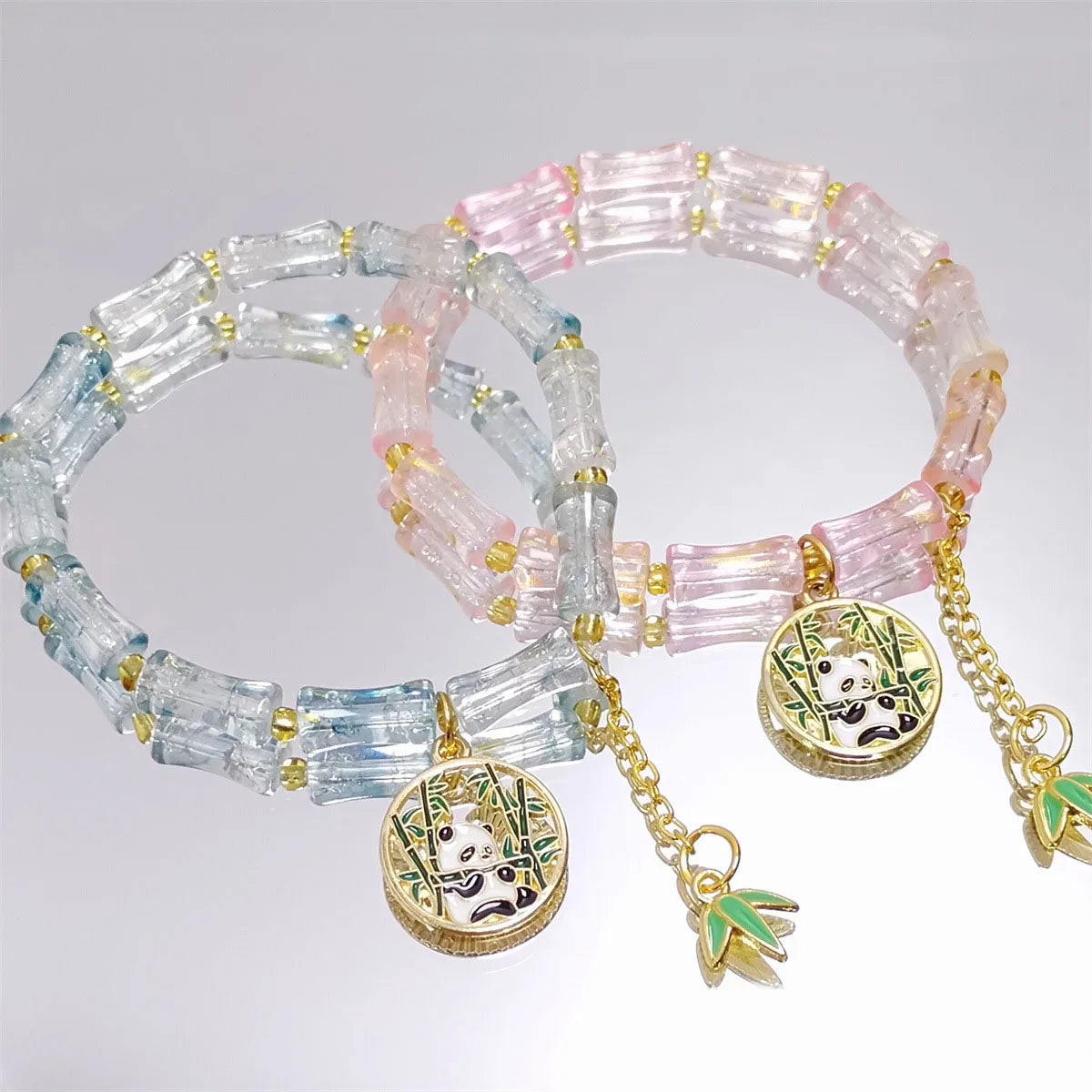 Chinese Green Bamboo Shape Bead Bracelets Glass Crystal Cute Panda Leaf Flower Charm Tassel Handmade Women Girl Elastic Bracelet