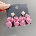 Popular Women Fashion Retro Earrings Long Sweet pink Bow Pearl Pendant Earrings