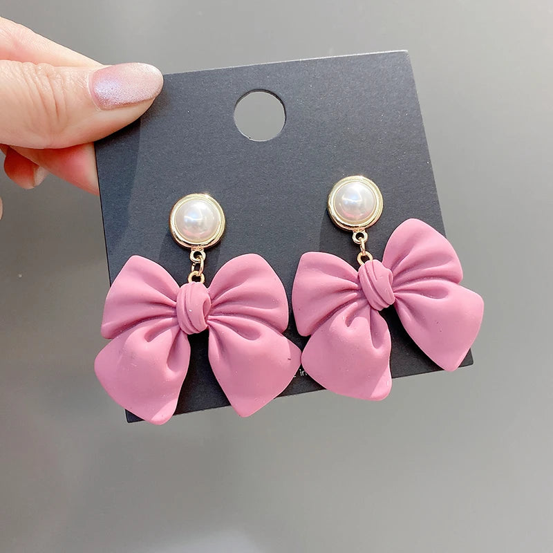Popular Women Fashion Retro Earrings Long Sweet pink Bow Pearl Pendant Earrings