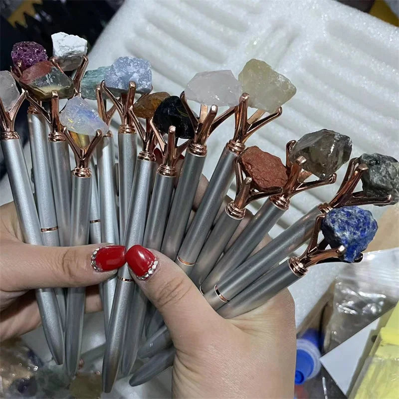 Wholesale Natur Carv Gemstones Golden Silver Metal Pen Handmade Crystal Crafts Natural Stone Raw Crystal Pens for Gift