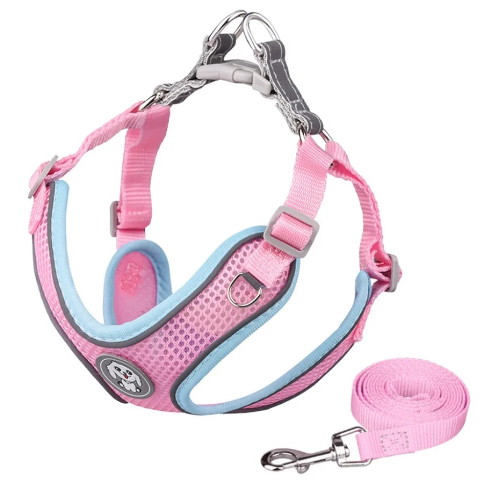 Light Reflective Breathable Pet Dog Harness Leash Set Made of Suede and Mesh Fabric
