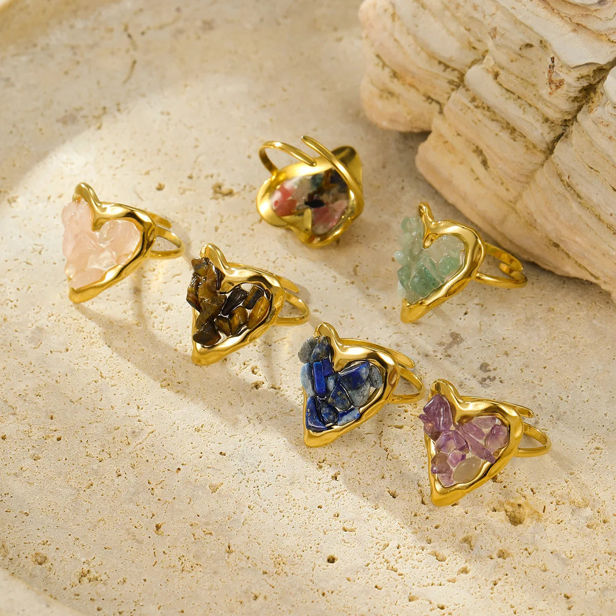Irregular Crystal Rings Natural Stone Heart Shape Adjustable Stainless Steel Ring with Stone