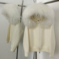 OFTBUY 2025 Women's Spring Autumn Sweater Knitted Cardigan Casual Mongolian Fur Collar Hooded Jacket Tibet Sheep Fluffy Cotton