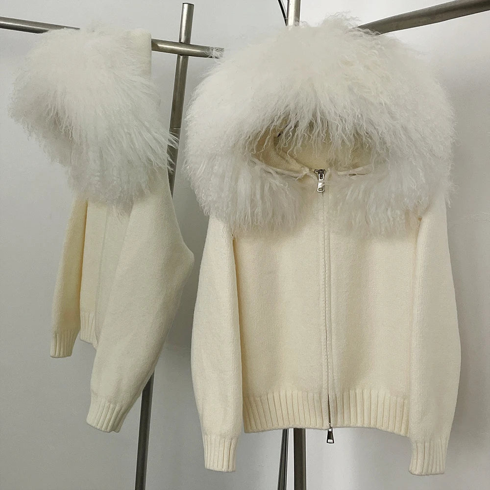 OFTBUY 2025 Women's Spring Autumn Sweater Knitted Cardigan Casual Mongolian Fur Collar Hooded Jacket Tibet Sheep Fluffy Cotton