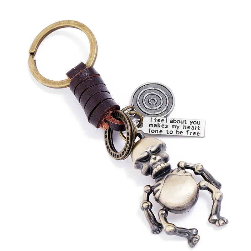 Punk Vintage Bag Pendant Car Key Ring Movable Cartoon Charm Keychain Robot Skull Cowhide Leather Key Chain