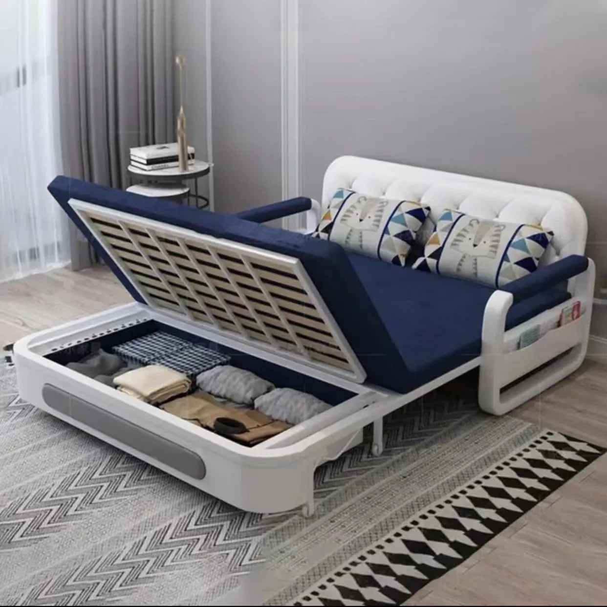 Space Saving Storage Smart Folding Sofas Furniture Flexible Extendable Small Functional Metal Fabric Transforming Sofa Chair Bed