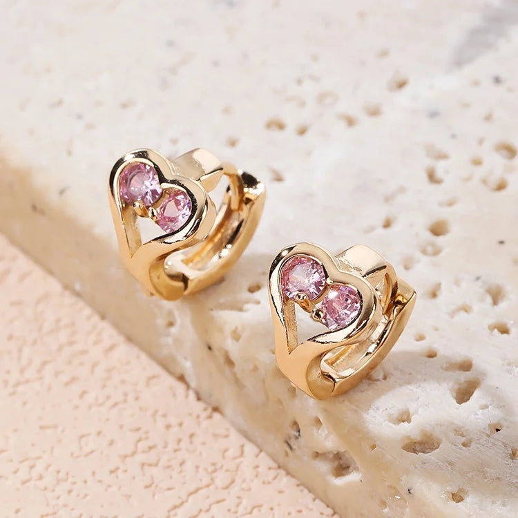 Fashion Vintage Korean Pink Heart-Shaped Zircon Hoop Huggies Earrings Girl Jewelry 18K Gold Plated