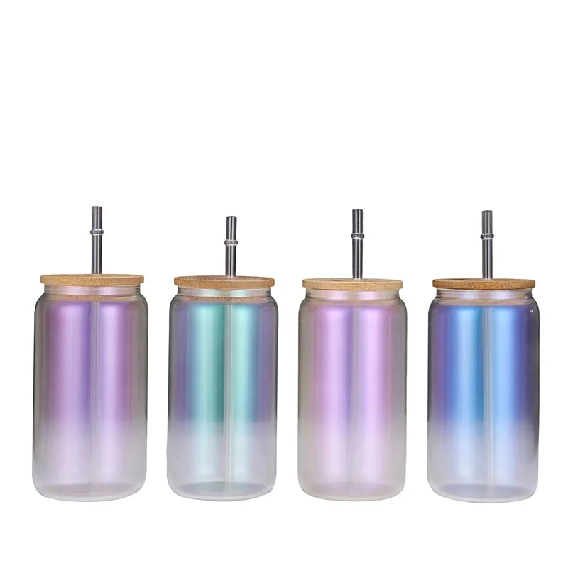 Colorful Glass Mug Beer Can with Bamboo Lid and Straw