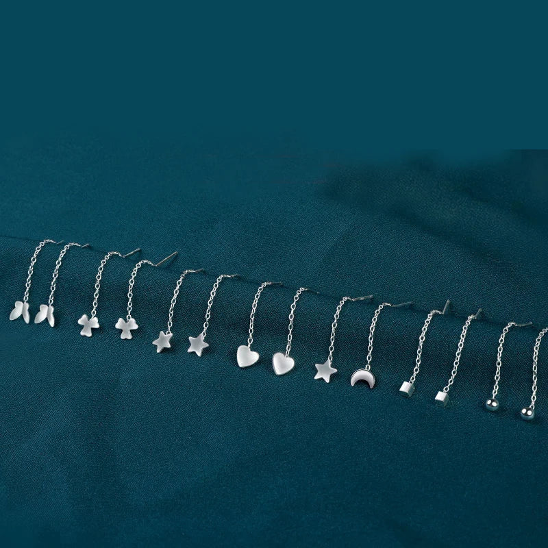 S999 Sterling Silver Jewelry  Love Stars Moon Dangle Drop Earrings Long Chain Silver Threader Tassel Earrings for Women