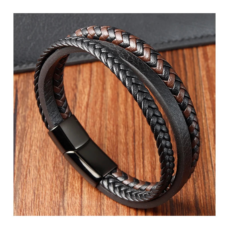 European Men Fashion Black Brown Genuine Leather Braided Bracelet Stainless Steel Magnetic Clasp Charm Bangles Bracelet
