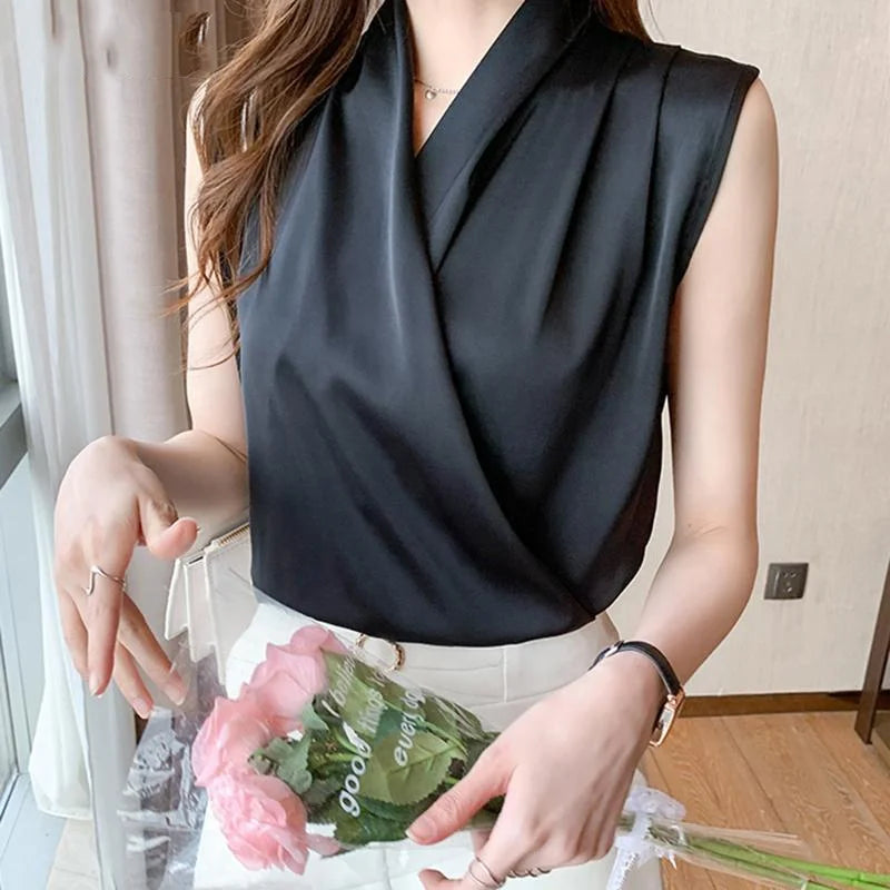Womens Tops Blouses Solid Color White Satin Blouse Office Shirt Blusas Sleeveless Women Shirts Black White Female