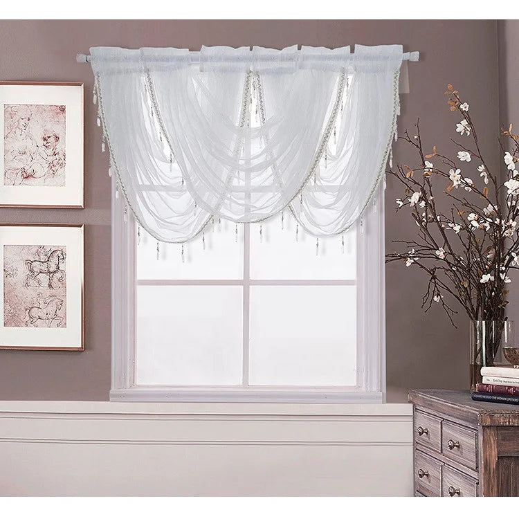 Hot Selling White Semi Sheer Curtain Drapes Luxury Beads Trimmed Waterfall Swag Valances for Kitchen Window