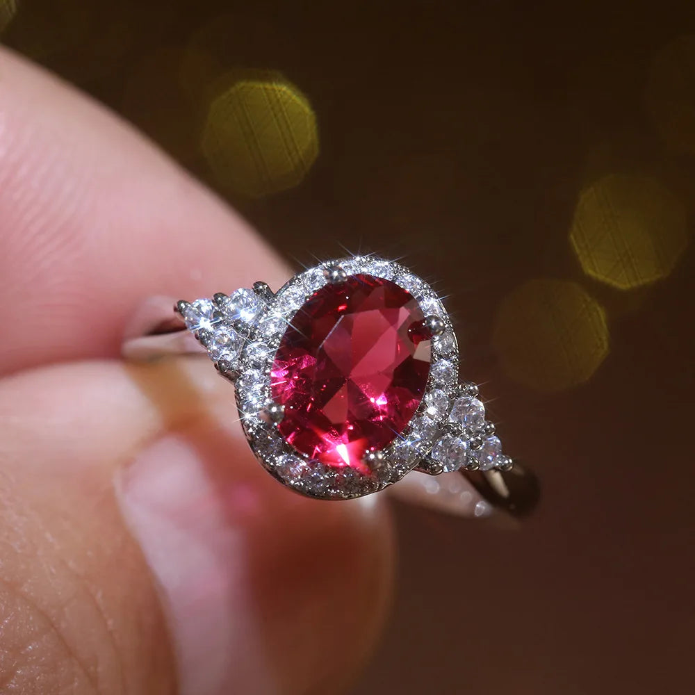 Huitan Refine Jewelry Oval Shiny Red Zircon Rings Girls Lady Romantic Gifts Elegant Silver Ruby Rings Woman