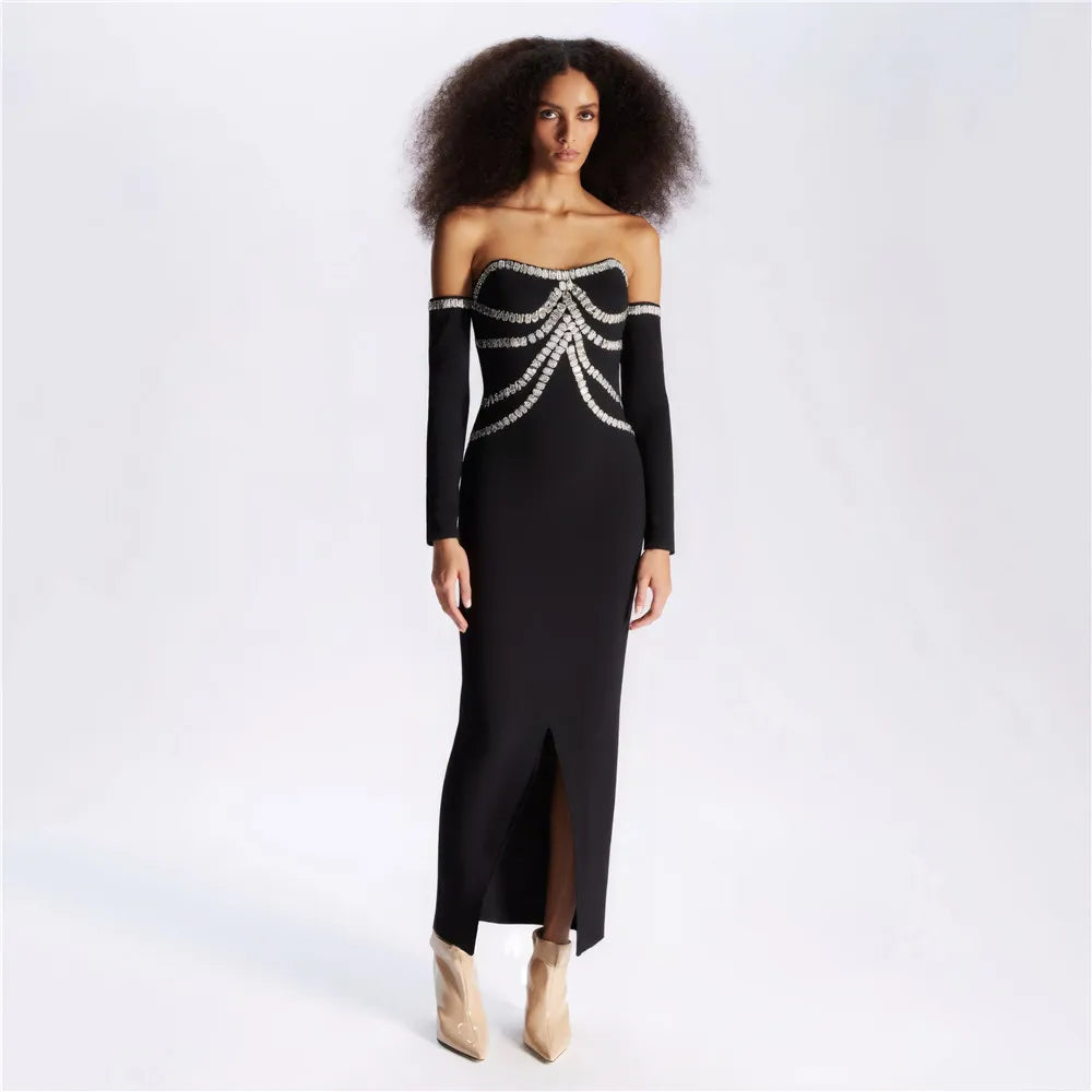 Celebrity Elegant Crystal Diamond Bandage Dress Women Off the Shoulder Long Sleeve Evening Party Luxury Birthday Club Dresses
