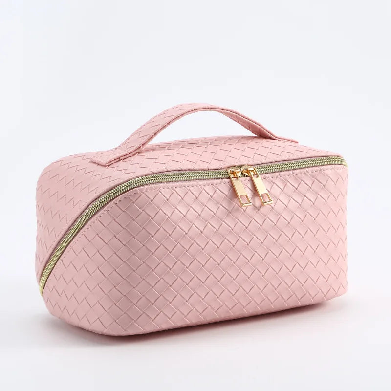 New Large Capacity Ins Style Woven PU Makeup Toiletry Bag Luxury PU Leather Braided Cosmetic Storage Bag Cases for Women
