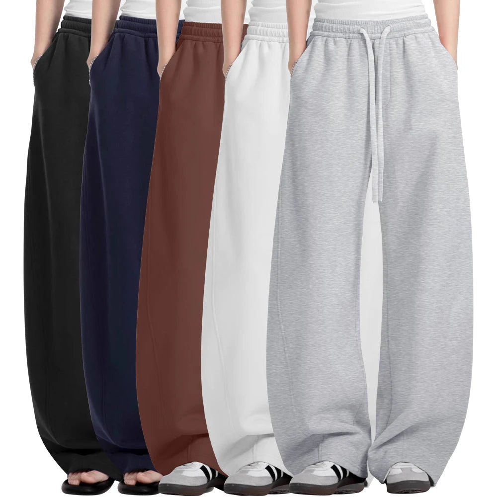 Custom Womens Winter Flat Fleece Lined Breathable Eco-Friendly 360g Solid Wide Leg Casual Workout Sweatpants Cotton Elastic