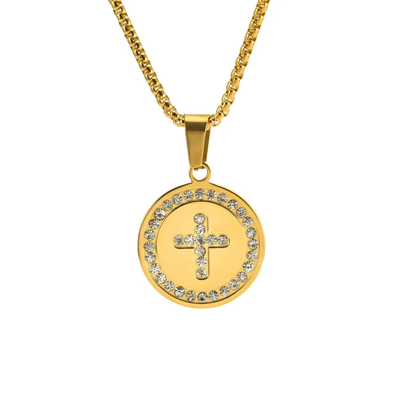 Fashion Stainless Steel Cross Pendant Necklace 18k Gold Plated Non Tarnish Crystal Round Cross Necklace for Men