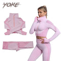 Yoke Seamless Knit 2 Piece Workout Outfits High Waist Leggings & Long Sleeve Top Gym Sportswear for Women Yoga Set