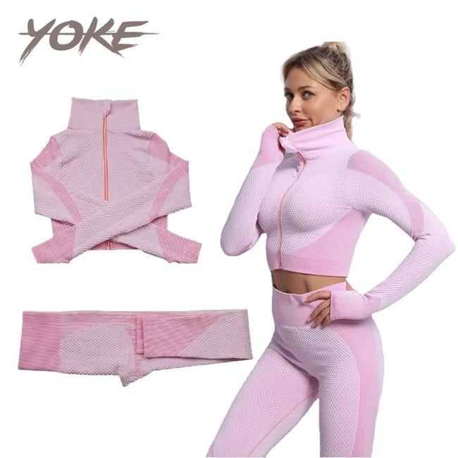 Yoke Seamless Knit 2 Piece Workout Outfits High Waist Leggings & Long Sleeve Top Gym Sportswear for Women Yoga Set