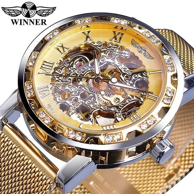 Winner Automatic Watch Luxury Stainless Steel Diamond Mechanical Mens Watches Waterproof Skeleton Man Clock Relogio Masculino