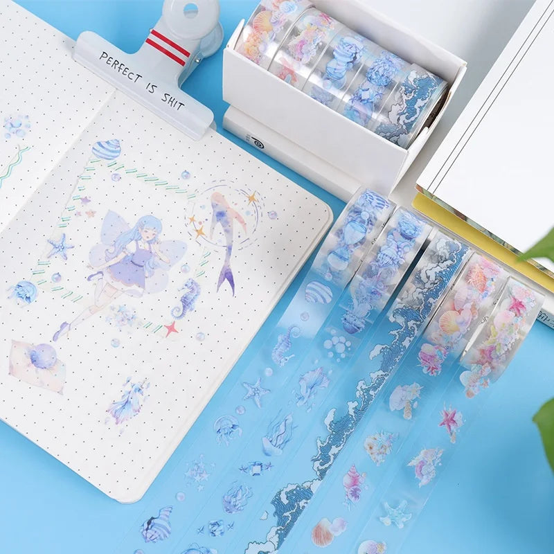 Cute Song of the Sea PET Transparent for Washi Tape Set Single Sided Rubber Adhesive for Masking Ins Sticker and Paper Tape