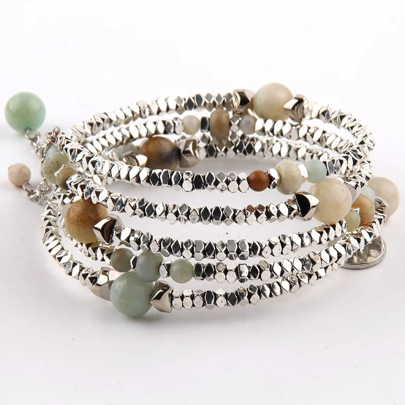 Bohemian Jewelry Charm Bracelet Multi Layer Silver Magnetic Handmade Natural Turquoise 5 Wrap Copper Wire Spring Wrap Bracelets