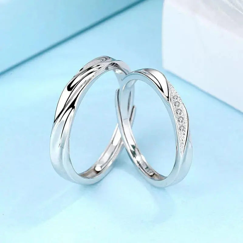 Ouj Silver Couple Promise Band Zircon Ring Set Adjustable Sterling Silver Rings Wedding Anniversary Ring Valentines Day Gift