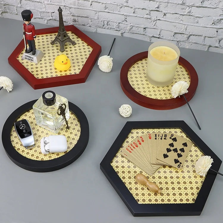 Nordic Style Jewelry Storage Candle Perfume Organizer Home Decor Handmade Rattan Wooden Serving Tray